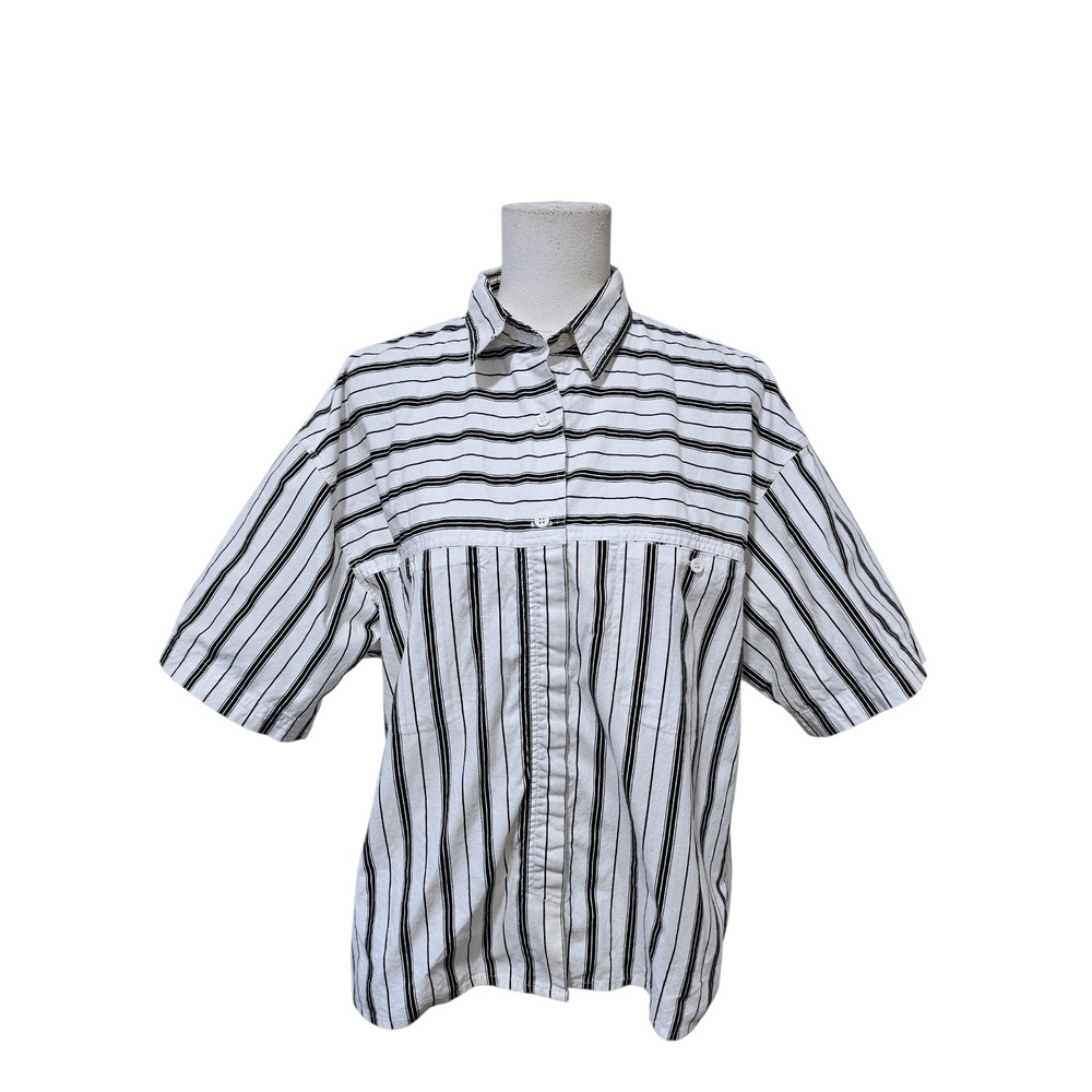Diane Von Furstenberg Sport Mens L White Black Striped Short Sleeve Button Shirt